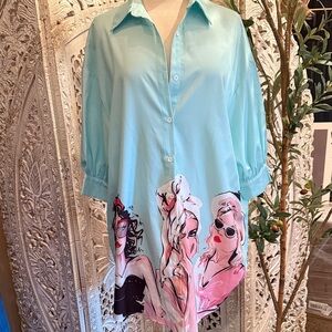 SHEIN Aqua Button Down Shirt with Graphic Design